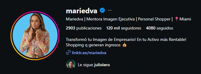 Perfil de Instagram de Mariedva (@mariedva): Mentora Imagen Ejecutiva y Personal Shopper en Miami, 120 mil seguidores.